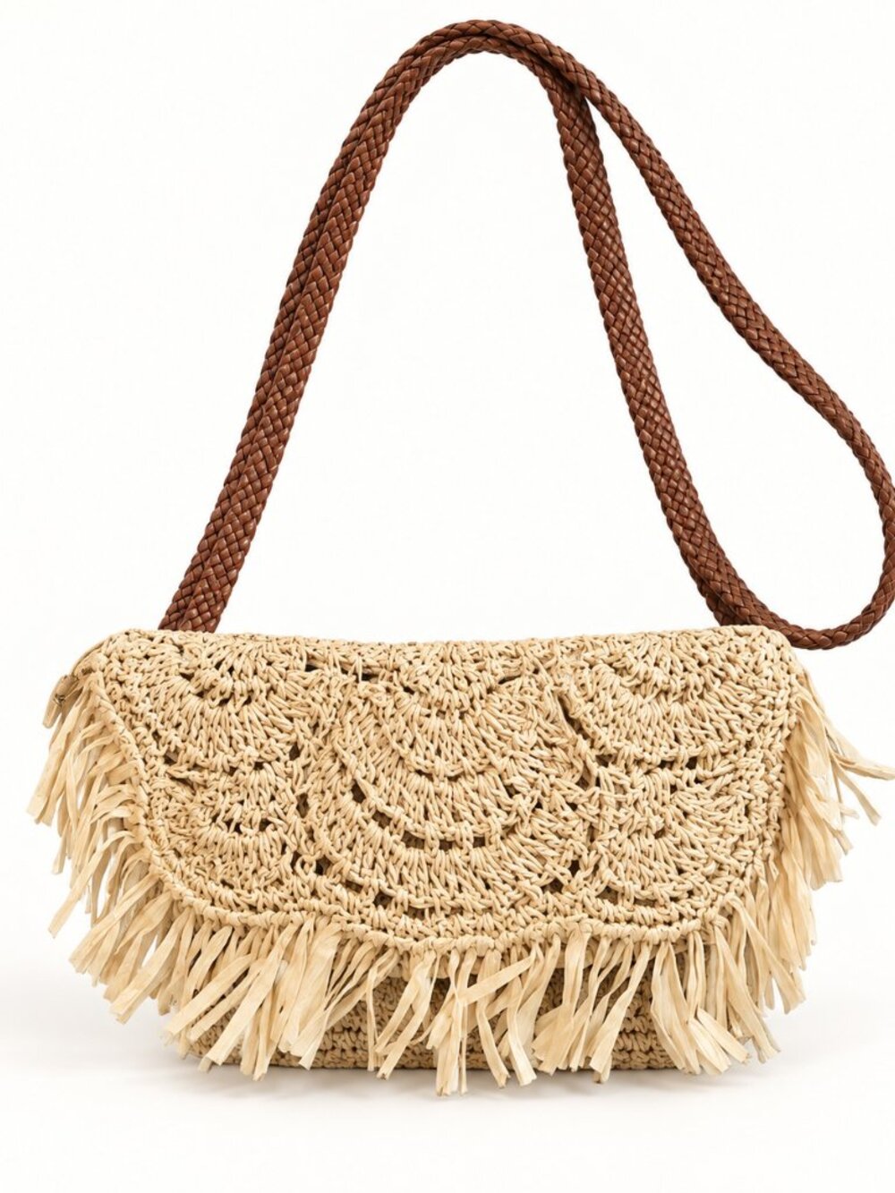 BTB Los Angeles Crochet Fringe Crossbody Bag Tan Brown Strap NWT